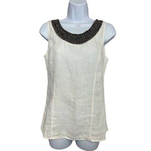 Lina Tomei Blouse beaded top 100% Linen Sleeveless Womens Clothing S Made Italy